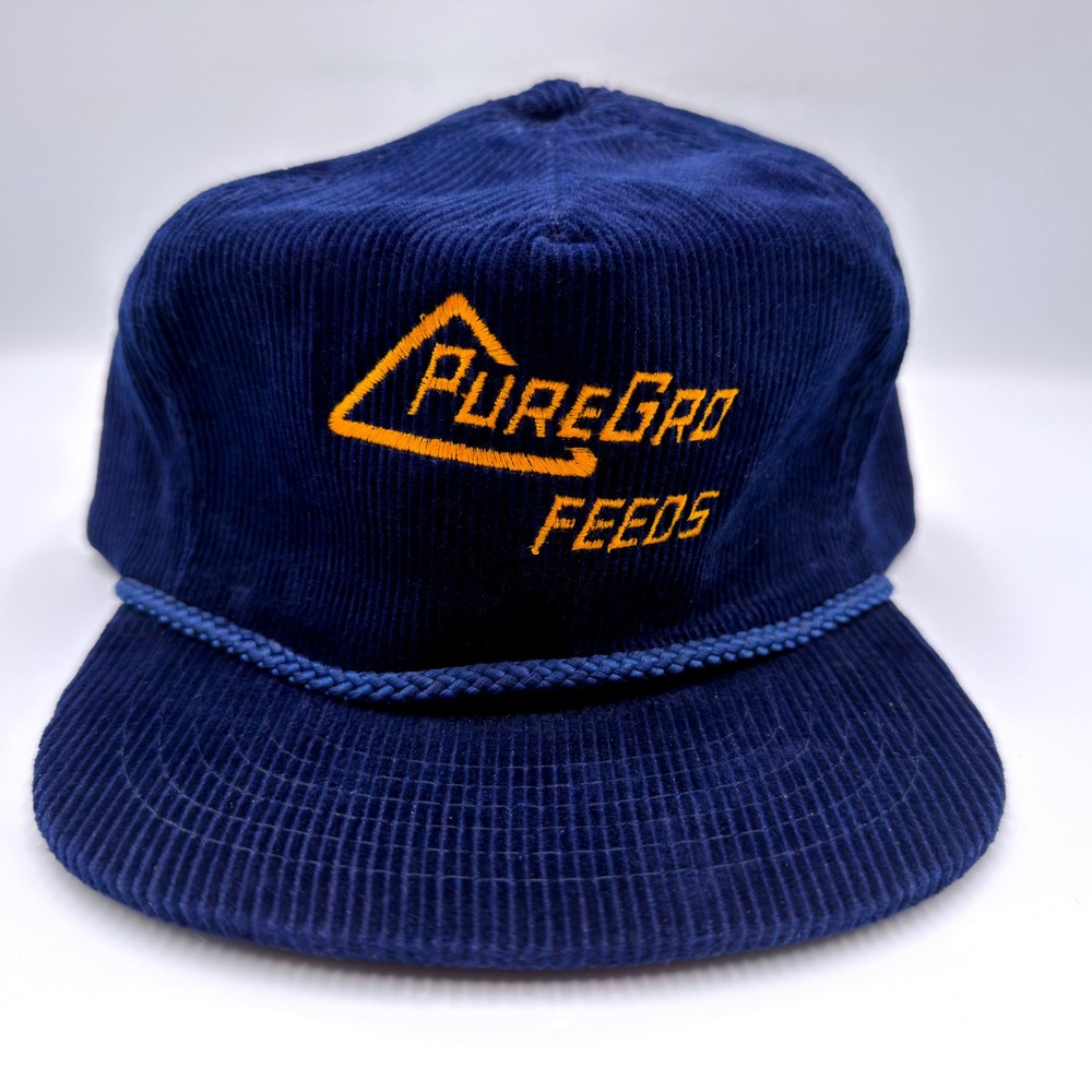 Vintage AmPro PureGro Feeds Corduroy Rope Trucker Hat Navy Blue Adjustable Cap